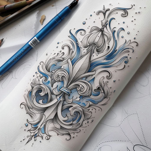 Nautical tattoo sketch of a fleur de lis with ocean wave motifs and maritime blues
