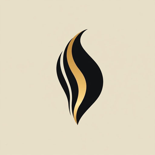Elegant logo with a unique angular swirl icon and refined serif typography, in a harmonious black and gold color palette, isolated on a flat beige background.