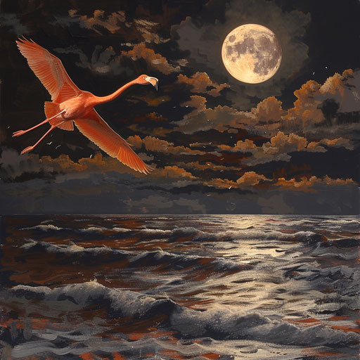 Flamingo gracefully flying over a moonlit sea
