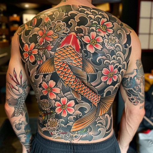 Vibrant traditional Japanese-inspired back tattoos for men