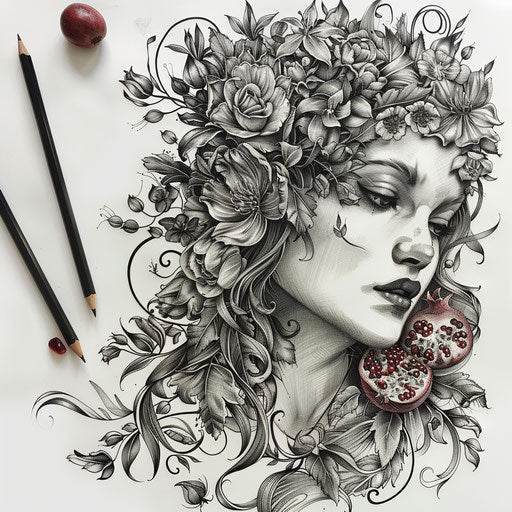 Goddess of spring in black and grey tattoo on white background