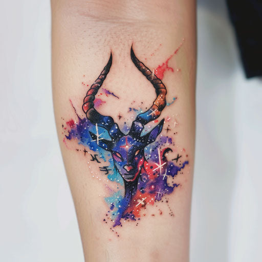 Galaxy-themed devil tattoo on white canvas