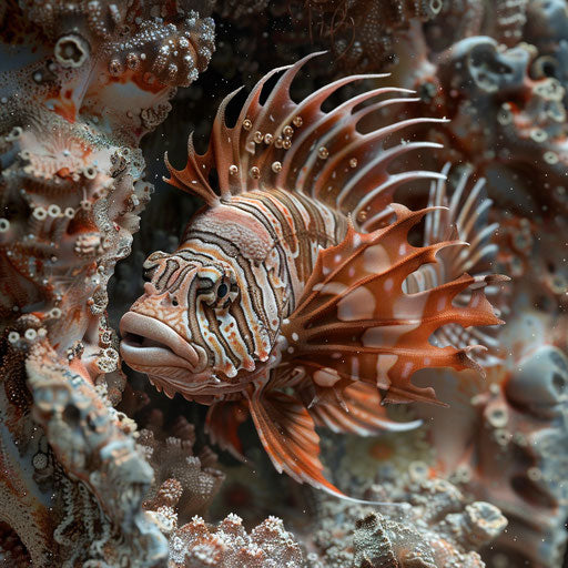 Lion fish emerging from a coral crevice, detailed and lifelike