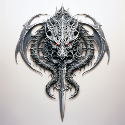 Dragon tattoo with embroidered sword light silver style airbrush iron bone