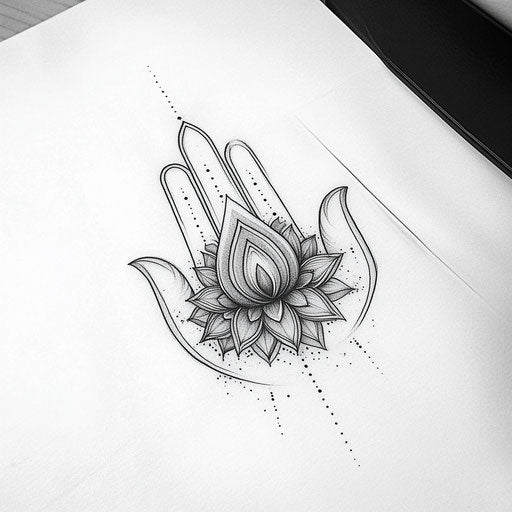 Bold geometric hamsa hand tattoo in grayscale on white