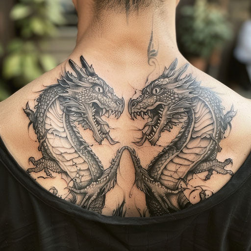 Sibling tattoos with fantasy dragons in the style of Glenn Fabry