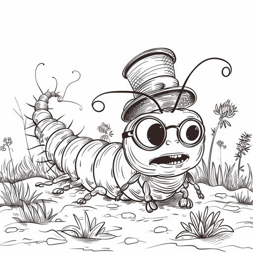 Cartoon caterpillar in top hat and monocle