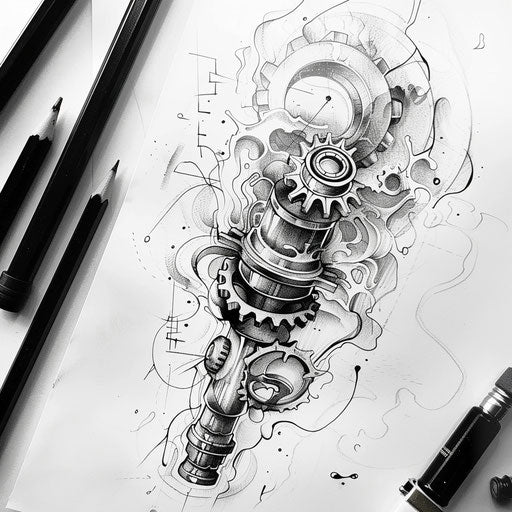 Dynamic flat tattoo sketch of a piston in motion with abstract steam and gear elements