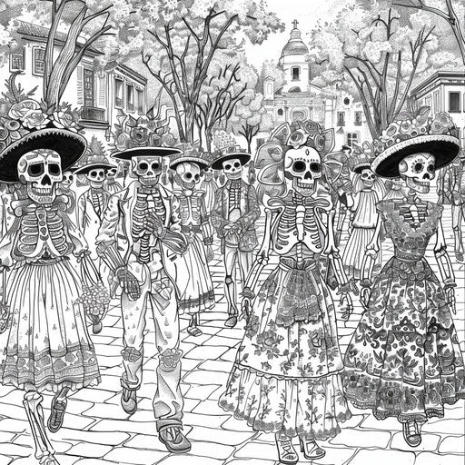 Detailed Day of the Dead procession with traditional costumes