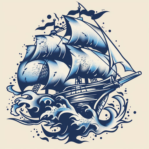 Traditional flat tattoo of a Russian mafia ship in rough seas