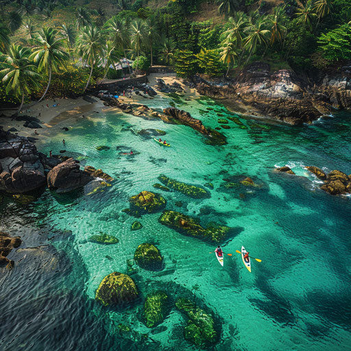 Palolem Beach, India with kayakers exploring the clear waters