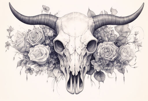Bull skull with flowers and thorns, classic tattoo style