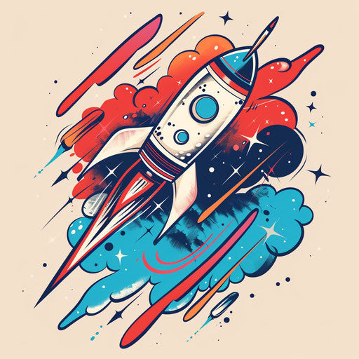 Dynamic flat sketch of a rocket launching with speed lines, bright red and blue, clipart style