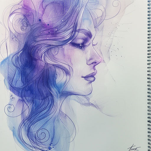 Ethereal tattoo sketch of Aphrodite with soft watercolor washes in celestial blues and purples