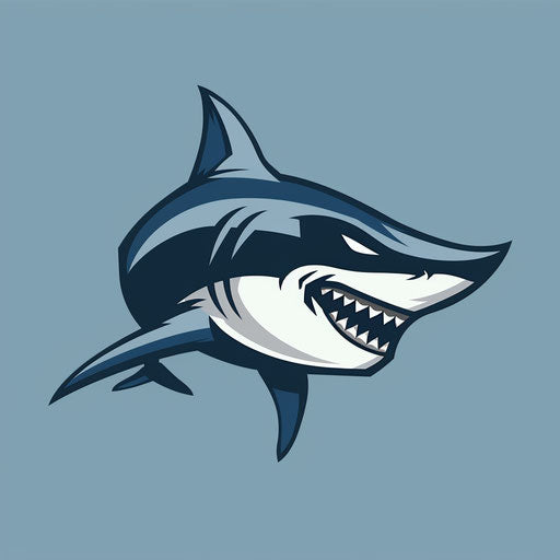 Aggressive shark sports logo in navy blue and gray, on a light blue background