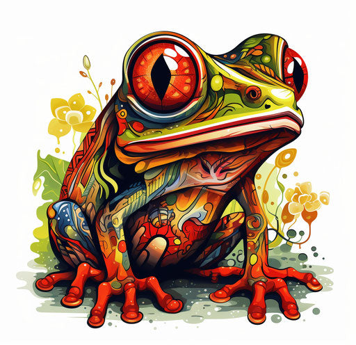 Red and green frog with a colorful beak
