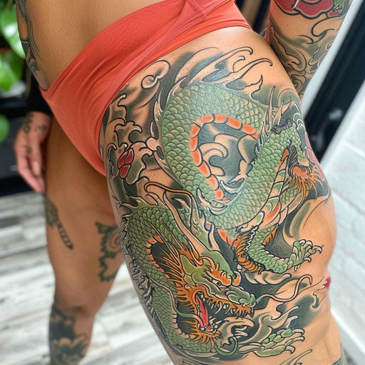 Dragon and phoenix thigh tattoo in the style of Ed Hardy