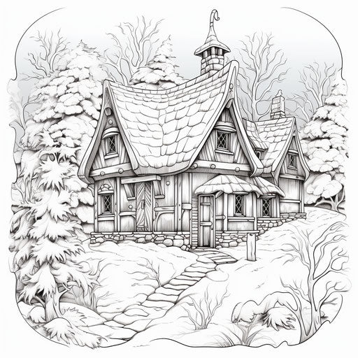 Winter scene coloring page with a cottage