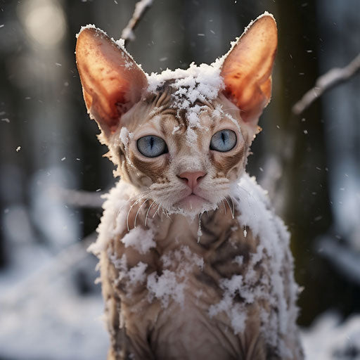 Devon Rex cat in the snow