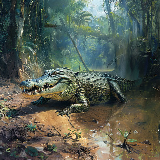 Crocodile on a muddy riverbank with a dense forest background