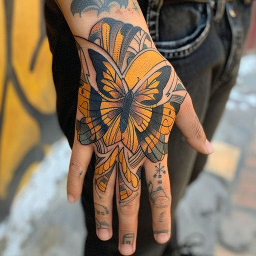 Butterfly hand tattoo with superhero themes, Steve McNiven style