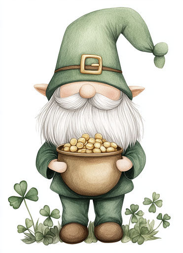 St. Patrick's Day gnome with pot of gold and shamrocks