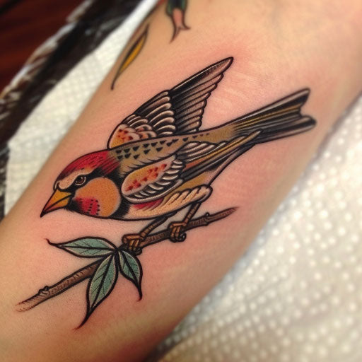 Sailor Jerry-inspired sparrow tattoo, bold lines and classic coloration on white
