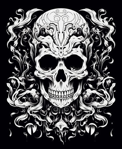 Abstract black and white drawing with skull motifs