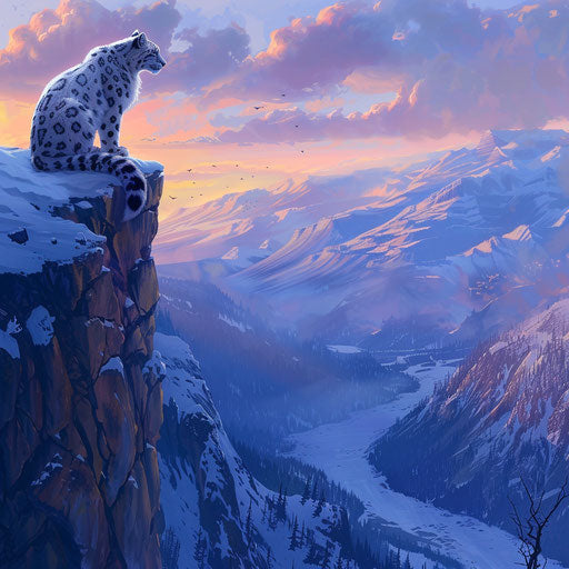 Snow leopard overlooking vast winter wonderland