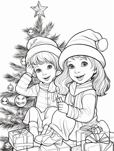 Coloring page with two children in striped hats by the Christmas tree