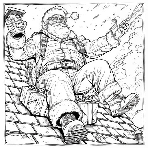 A superhero Santa delivering gifts in the style of Mike Zeck, coloring book page