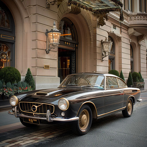 Luxury reinvented: 1966 Volvo P1800 with gold trim and leather interior, parked outside a prestigious hotel.