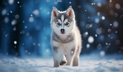 Siberian husky puppy walking in the snow