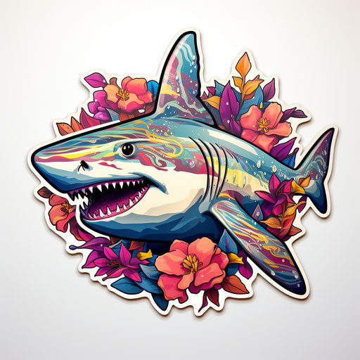 A shark with colorful patterns on it and a background, in the style of playfully ornate design