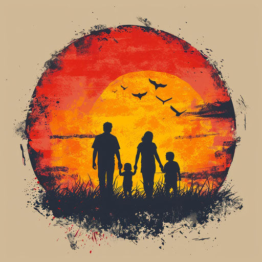 Flat clipart style drawing of a family walking hand in hand, warm tones sunset background