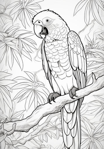 Parrot coloring page and branches, detailed realistic style