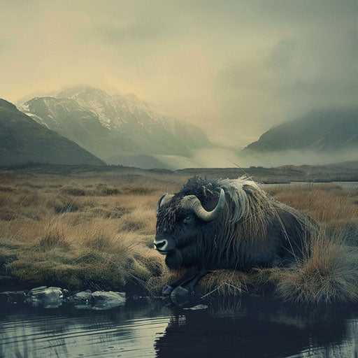 Musk ox in a serene landscape with a poetic feel