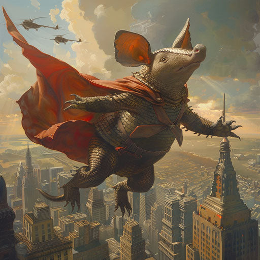 Flying armadillo above city skyline, fluttering cape