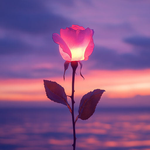 Glowing rose against ocean sunset backdrop