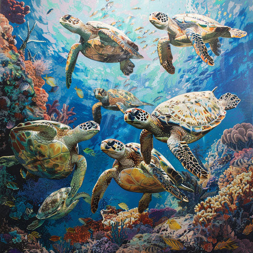 Sea turtles around a colorful coral reef