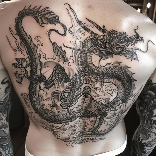 Dragon lower back tattoo, in the style of Guy Aitchison