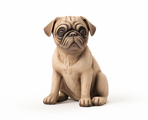 Sitting pug puppy, white background, somber, raw, confrontational