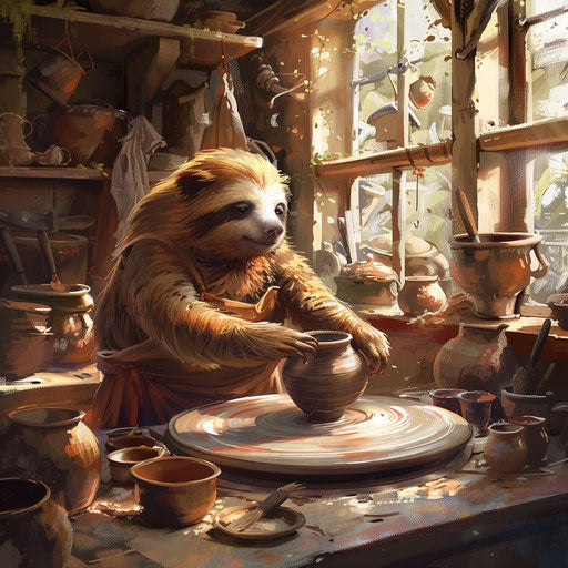 A skilled potter sloth meticulously shaping clay on a wheel in a sunlit studio