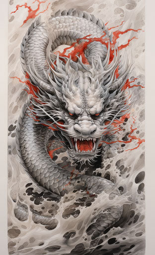 Japanese painting of a red and white dragon in light gray and black style