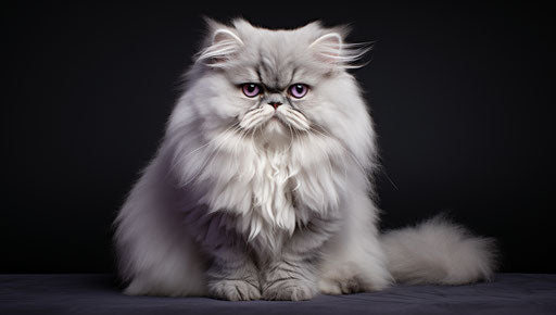 Feline breed Persian cat, dark silver and light blue colors, feminine