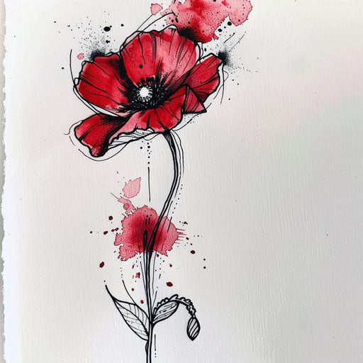 Single poppy with watercolor red splash on white background