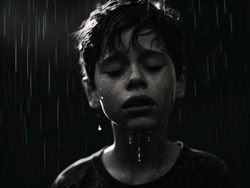 Tense image of a boy crying, somber atmosphere