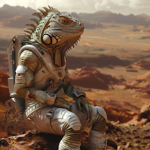 Iguana astronaut exploring Mars, detailed landscape in backdrop