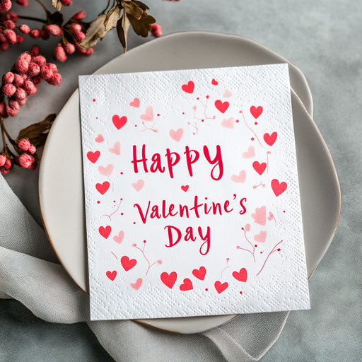 Hearts and Happy Valentine's Day on white napkin