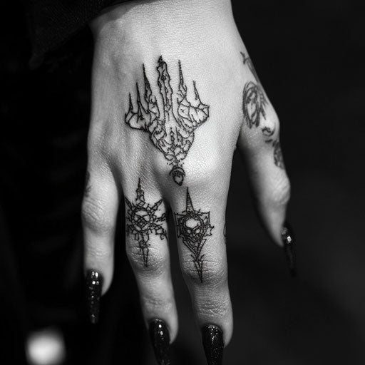 Small finger tattoos in the style of Gerald Brom featuring eerie gothic symbols